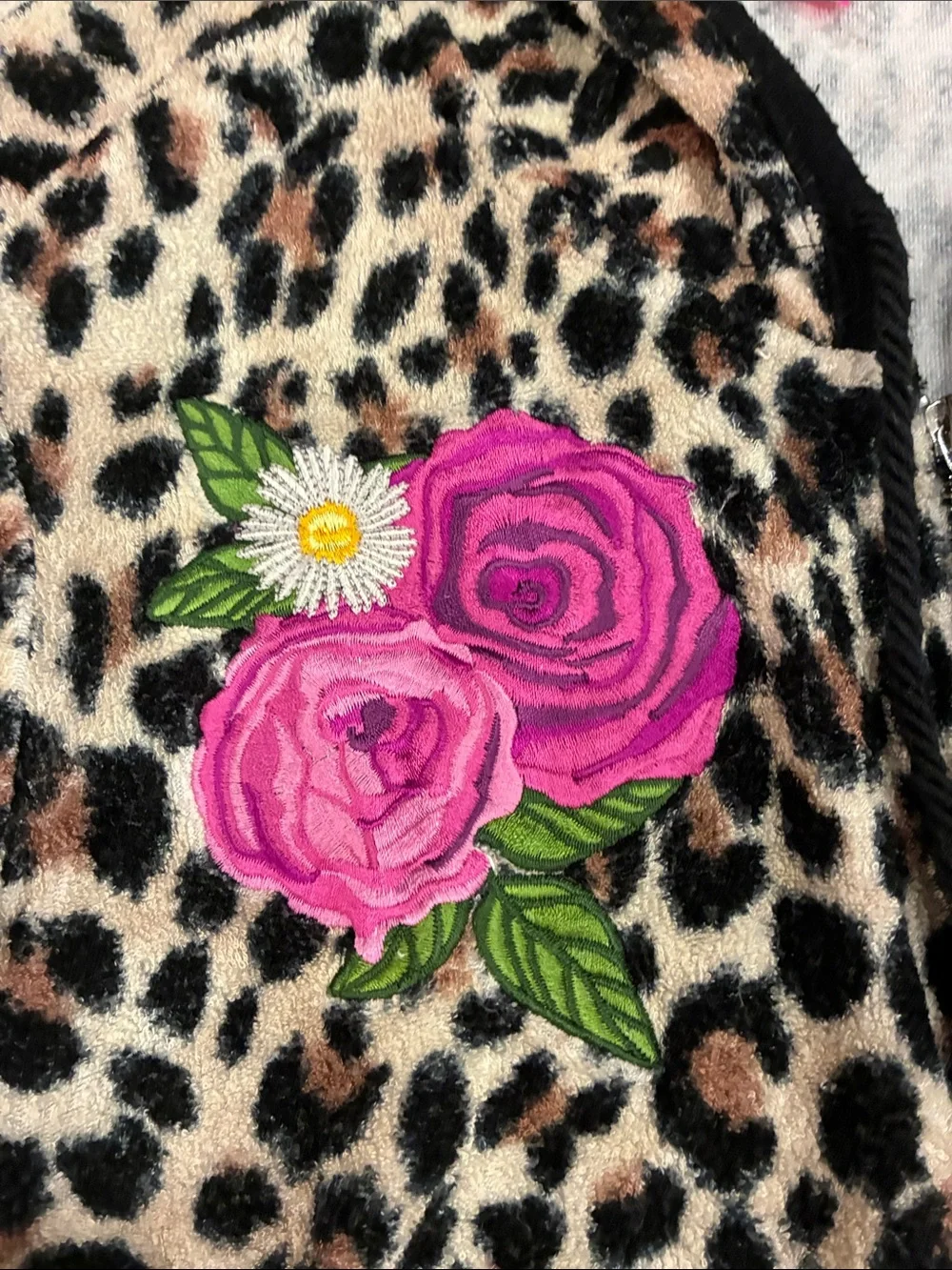 Betsey Johnson Leopard Print Hooded Zip Jacket with Pink Floral Applique Y2K